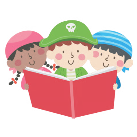 Drei laechelnde Kinder mit bunten Muetzen lesen gemeinsam ein rotes Buch