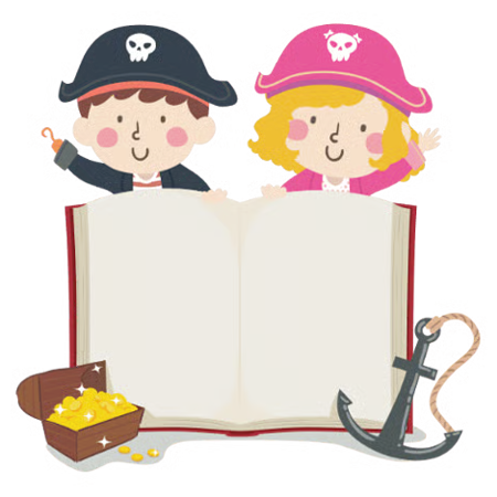 Zwei laechelnde Piratenkinder mit Huetten hinter einem Buch neben Schatztruhe und Anker
